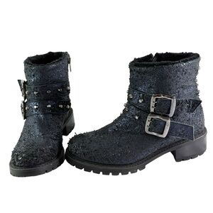 ROSS and SNOW Metallic Blue Indigo Leather Shearling Ankle Boots 6.5 US